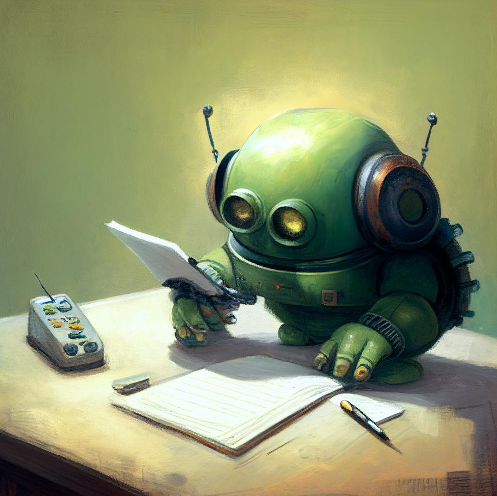 A cute robot reading documents and answering questions on the phone